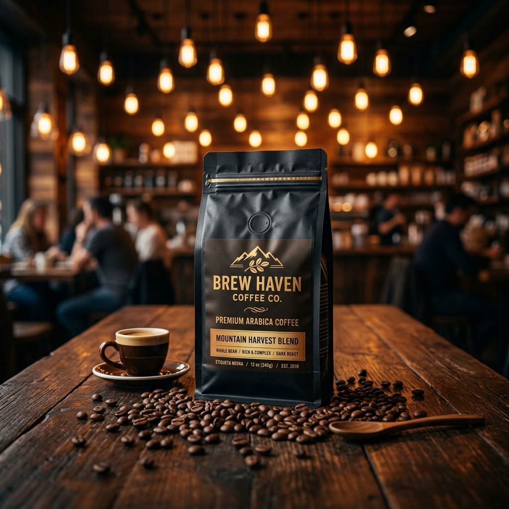 Brew Haven Premium Blend Coffee Bag on a table