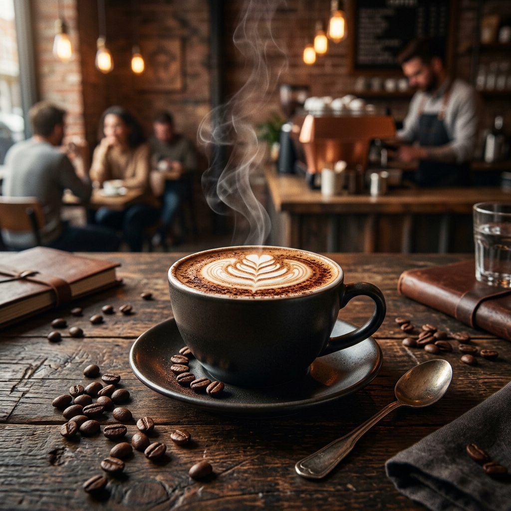 Steaming Cup of Cappuccino Latte on a rustic wooden plate